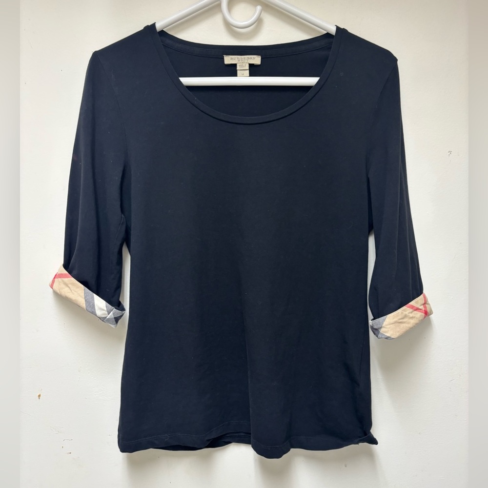 Burberry Black Top with Plaid Sleeve Details